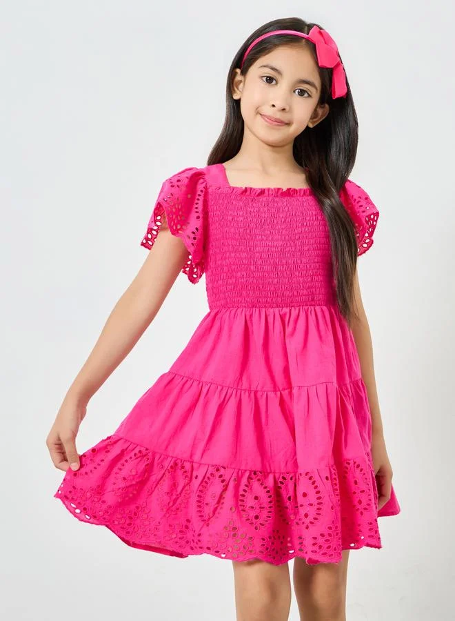Styli Girls Pink Smocked Detail Schiffli Hem Dress